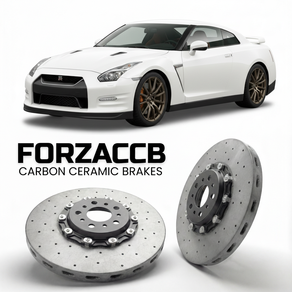 ForzaCCB direct OEM replacement carbon ceramic brake rotors for 2010 to 2011 Nissan GT-R CBA models, shown with a white Nissan GT-R car.
