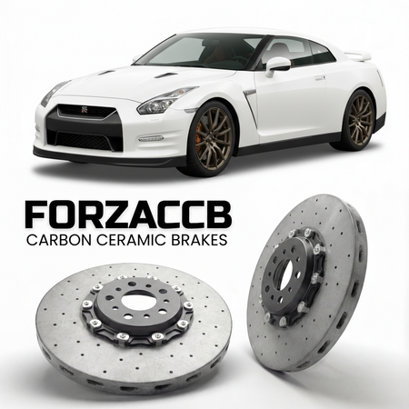 ForzaCCB direct OEM replacement carbon ceramic brake rotors for 2010 to 2011 Nissan GT-R CBA models, shown with a white Nissan GT-R car.