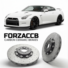 ForzaCCB direct OEM replacement carbon ceramic brake rotors for 2012 to 2025 Nissan GT-R DBA models, shown with a white Nissan GT-R car.