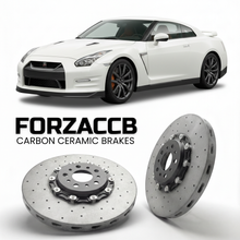 ForzaCCB direct OEM replacement carbon ceramic brake rotors for 2020 to 2025 Nissan GT-R DBA models, shown with a white Nissan GT-R car.