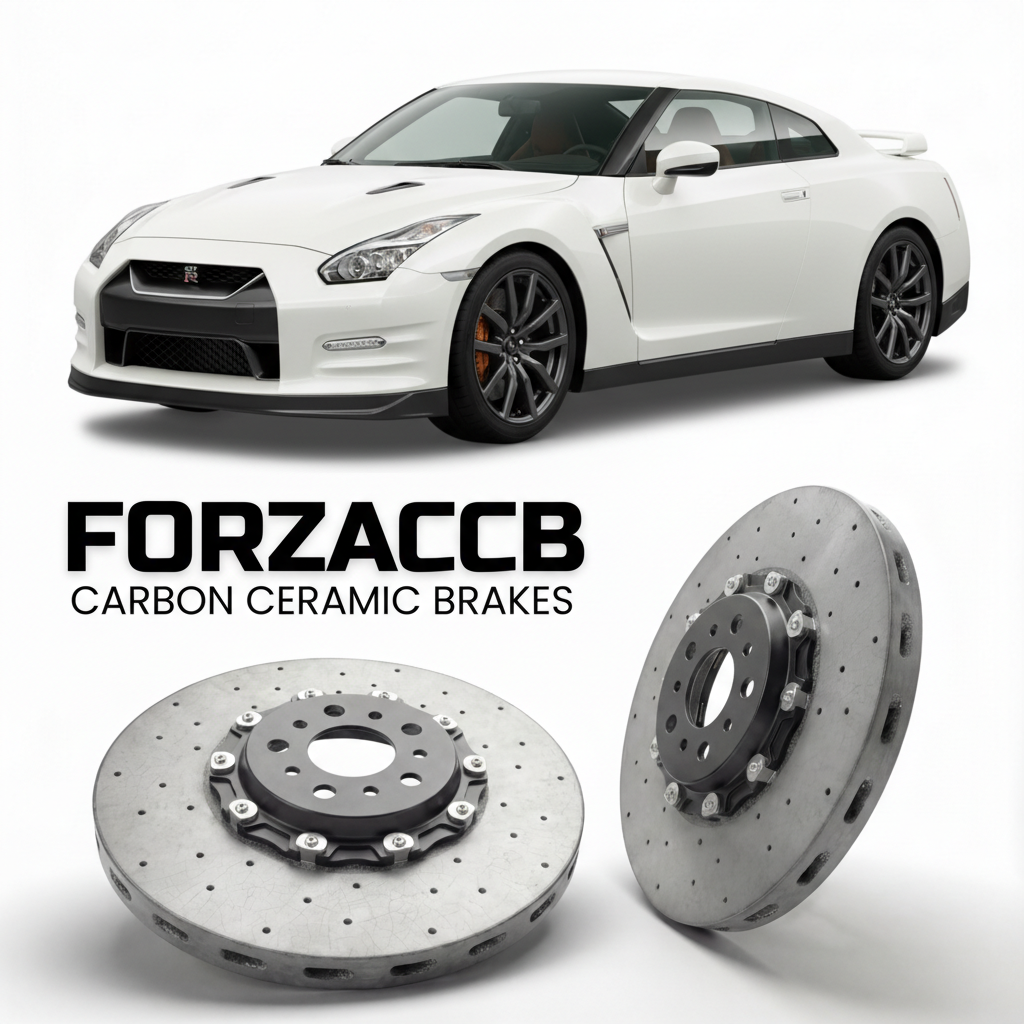 ForzaCCB direct OEM replacement carbon ceramic brake rotors for 2020 to 2025 Nissan GT-R DBA models, shown with a white Nissan GT-R car.