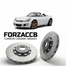 ForzaCCB direct OEM replacement carbon ceramic brake rotors for 2006 to 2009 Opel GT Roadster models, shown with a white Opel GT Roadster car.