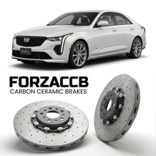 ForzaCCB direct OEM replacement carbon ceramic brake rotors for 2023 and newer Cadillac GT4 models, shown with a white Cadillac GT4 car.