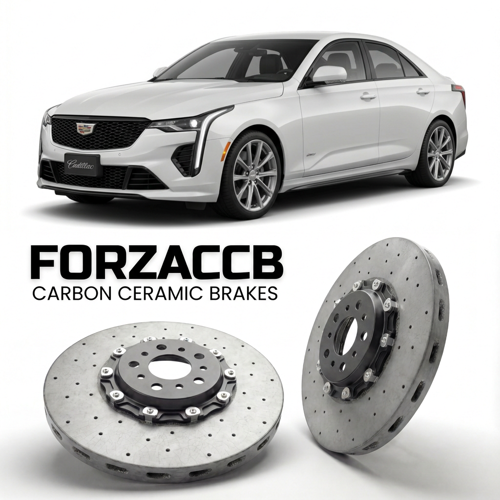 ForzaCCB direct OEM replacement carbon ceramic brake rotors for 2023 and newer Cadillac GT4 models, shown with a white Cadillac GT4 car.