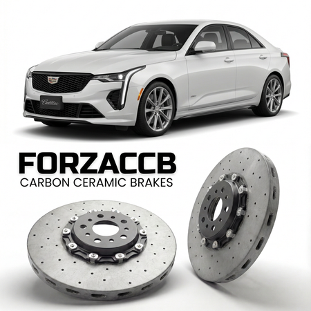 ForzaCCB direct OEM replacement carbon ceramic brake rotors for 2023 and newer Cadillac GT4 models, shown with a white Cadillac GT4 car.