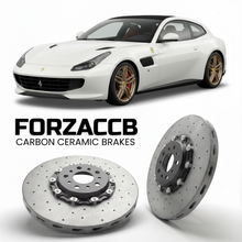 ForzaCCB direct OEM replacement carbon ceramic brake rotors for 2016 to 2020 Ferrari GTC4Lusso models, shown with a white Ferrari GTC4Lusso car.