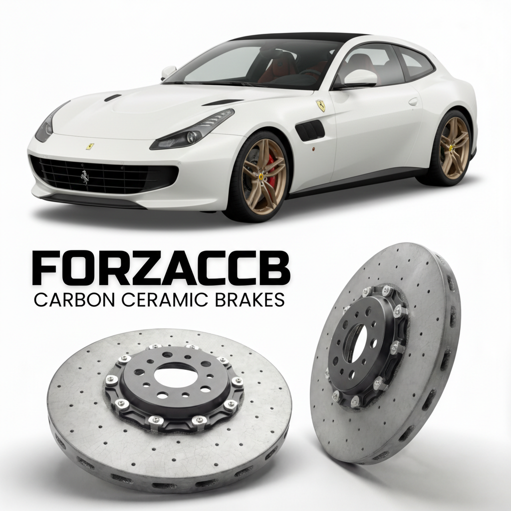 ForzaCCB direct OEM replacement carbon ceramic brake rotors for 2016 to 2020 Ferrari GTC4Lusso models, shown with a white Ferrari GTC4Lusso car.