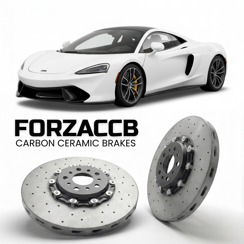 ForzaCCB direct OEM replacement carbon ceramic brake rotors for 2024 and newer McLaren GTS P10 models, shown with a white McLaren GTS car.