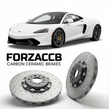 ForzaCCB direct OEM replacement carbon ceramic brake rotors for 2024 and newer McLaren GTS P10 models, shown with a white McLaren GTS car.