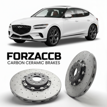 ForzaCCB direct OEM replacement carbon ceramic brake rotors for 2023 to 2026 Genesis GV60 models, shown with a white Genesis GV60 car.