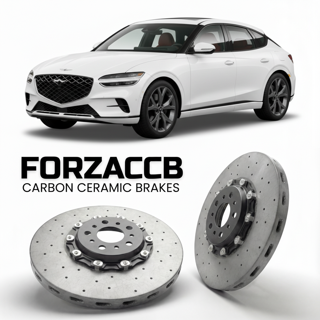 ForzaCCB direct OEM replacement carbon ceramic brake rotors for 2023 to 2026 Genesis GV60 models, shown with a white Genesis GV60 car.