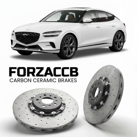 ForzaCCB direct OEM replacement carbon ceramic brake rotors for 2023 to 2026 Genesis GV60 models, shown with a white Genesis GV60 car.