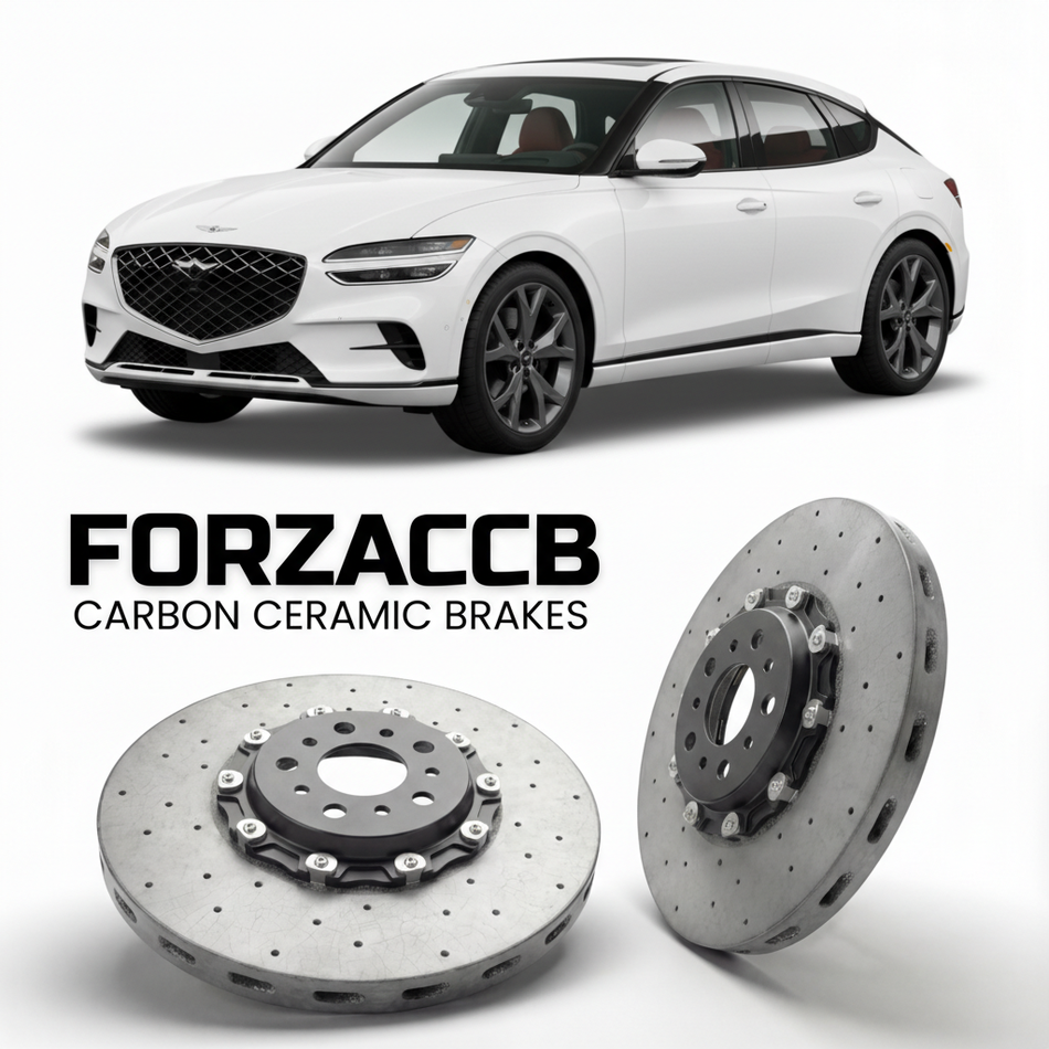 ForzaCCB direct OEM replacement carbon ceramic brake rotors for 2023 to 2026 Genesis GV60 models, shown with a white Genesis GV60 car.