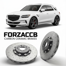 ForzaCCB direct OEM replacement carbon ceramic brake rotors for 2022 to 2025 Genesis GV70 models, shown with a white Genesis GV70 car.