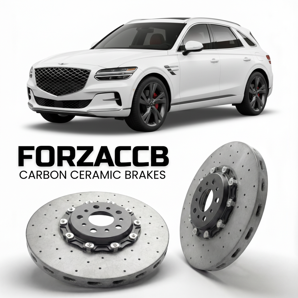 ForzaCCB direct OEM replacement carbon ceramic brake rotors for 2022 to 2025 Genesis GV70 models, shown with a white Genesis GV70 car.