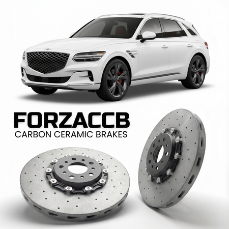 ForzaCCB direct OEM replacement carbon ceramic brake rotors for 2022 to 2025 Genesis GV70 models, shown with a white Genesis GV70 car.