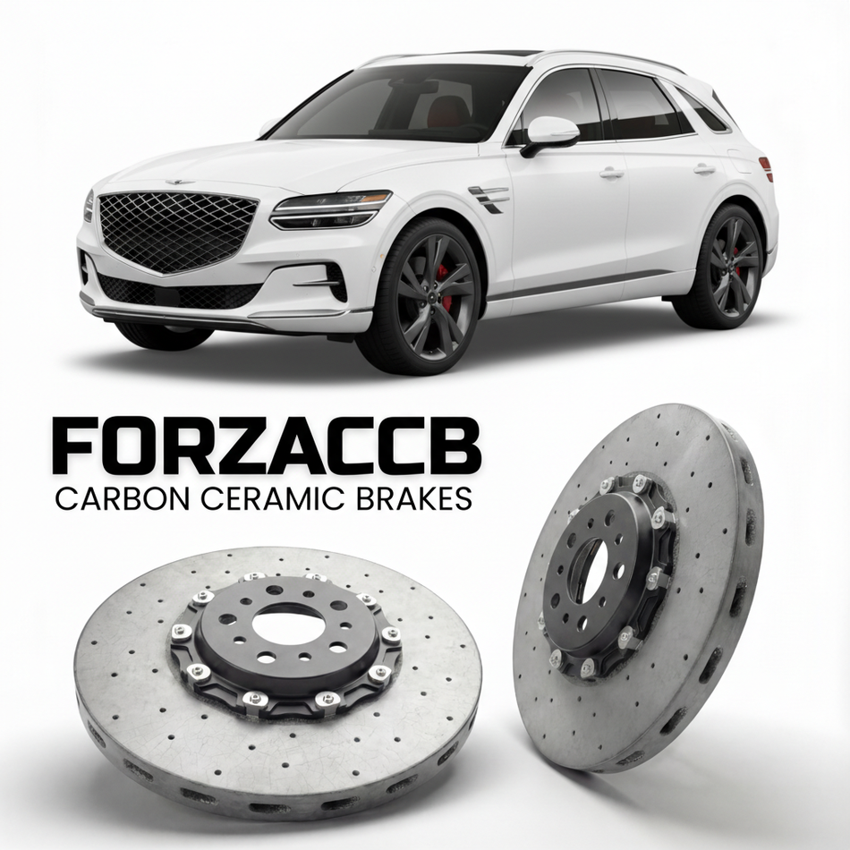 ForzaCCB direct OEM replacement carbon ceramic brake rotors for 2022 to 2025 Genesis GV70 models, shown with a white Genesis GV70 car.