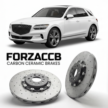 ForzaCCB direct OEM replacement carbon ceramic brake rotors for 2026 to 2026 Genesis GV70 facelift models, shown with a white Genesis GV70 car.