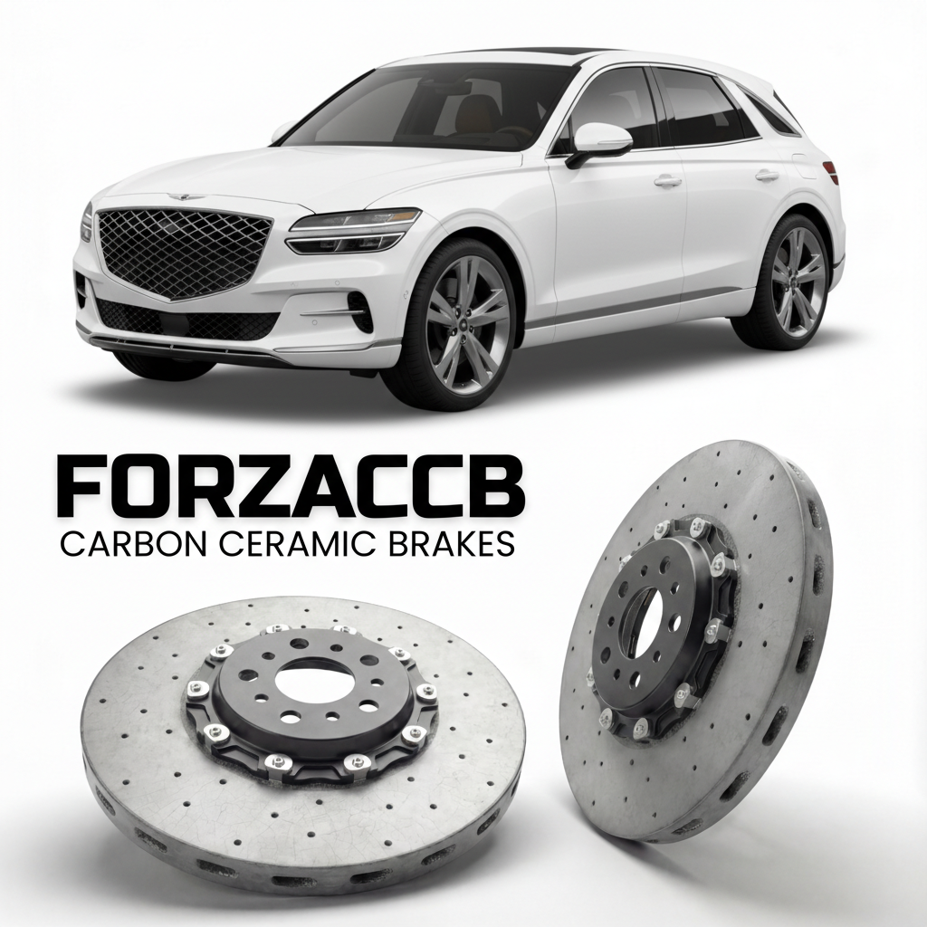 ForzaCCB direct OEM replacement carbon ceramic brake rotors for 2026 to 2026 Genesis GV70 facelift models, shown with a white Genesis GV70 car.