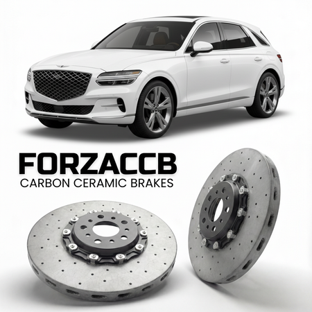 ForzaCCB direct OEM replacement carbon ceramic brake rotors for 2026 to 2026 Genesis GV70 facelift models, shown with a white Genesis GV70 car.