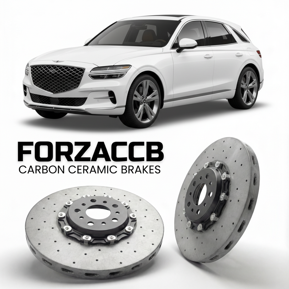 ForzaCCB direct OEM replacement carbon ceramic brake rotors for 2026 to 2026 Genesis GV70 facelift models, shown with a white Genesis GV70 car.