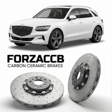 ForzaCCB direct OEM replacement carbon ceramic brake rotors for 2023 to 2025 Genesis GV70 Electrified models, shown with a white Genesis GV70 Electrified car.