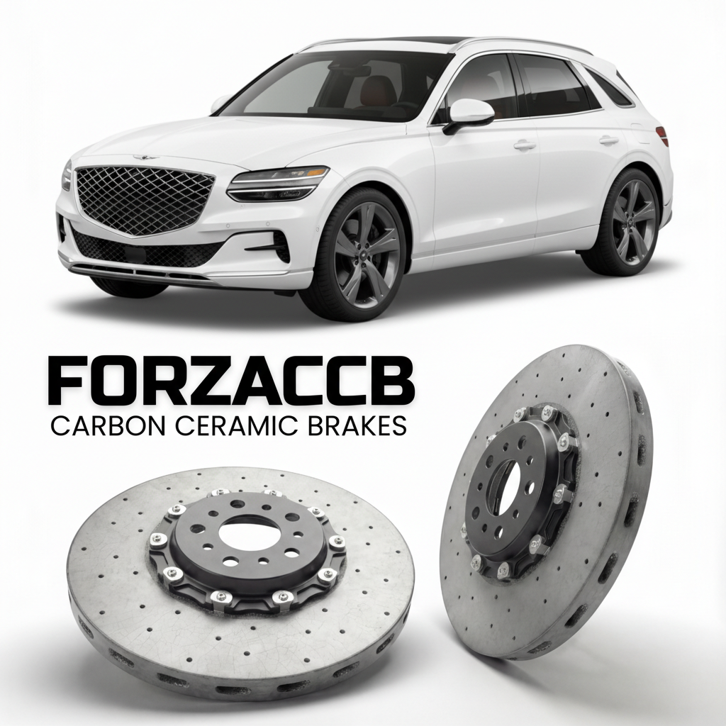 ForzaCCB direct OEM replacement carbon ceramic brake rotors for 2023 to 2025 Genesis GV70 Electrified models, shown with a white Genesis GV70 Electrified car.