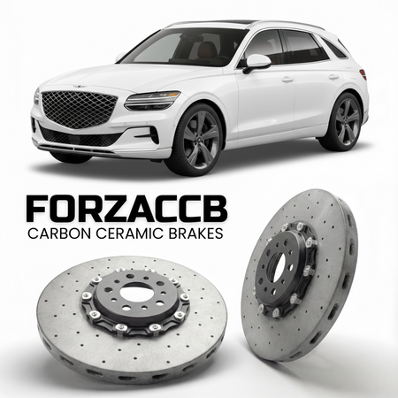 ForzaCCB direct OEM replacement carbon ceramic brake rotors for 2023 to 2025 Genesis GV70 Electrified models, shown with a white Genesis GV70 Electrified car.