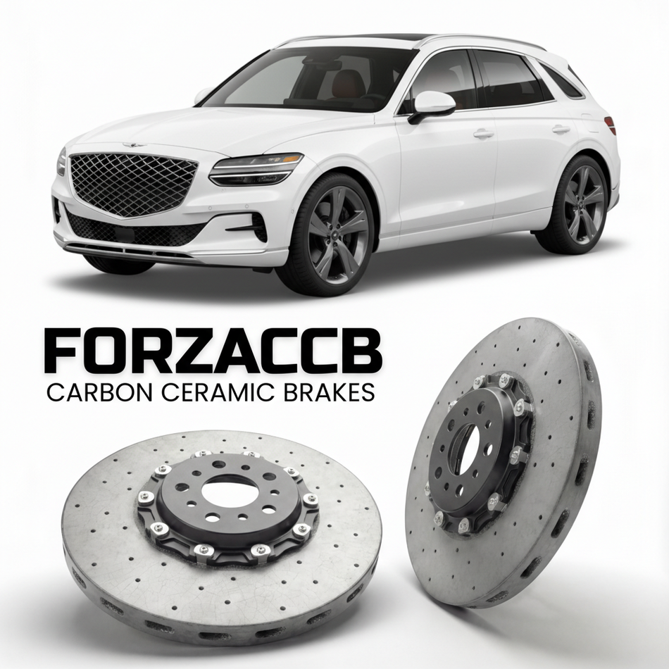 ForzaCCB direct OEM replacement carbon ceramic brake rotors for 2023 to 2025 Genesis GV70 Electrified models, shown with a white Genesis GV70 Electrified car.