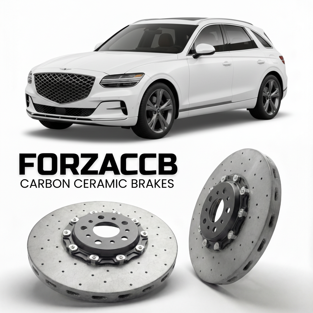 ForzaCCB direct OEM replacement carbon ceramic brake rotors for 2026 to 2026 Genesis GV70 Electrified facelift models, shown with a white Genesis GV70 Electrified car.