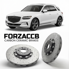 ForzaCCB direct OEM replacement carbon ceramic brake rotors for 2026 to 2026 Genesis GV70 Electrified facelift models, shown with a white Genesis GV70 Electrified car.