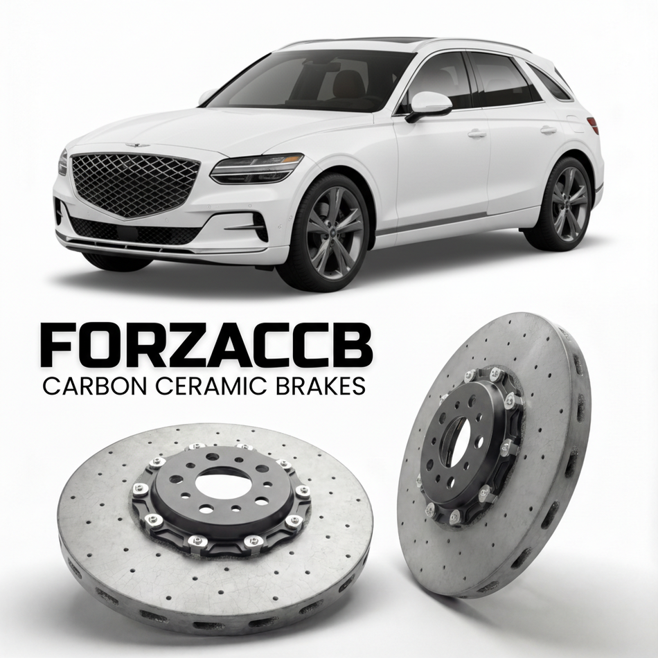ForzaCCB direct OEM replacement carbon ceramic brake rotors for 2026 to 2026 Genesis GV70 Electrified facelift models, shown with a white Genesis GV70 Electrified car.
