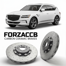 ForzaCCB direct OEM replacement carbon ceramic brake rotors for 2021 to 2026 Genesis GV80 models, shown with a white Genesis GV80 car.