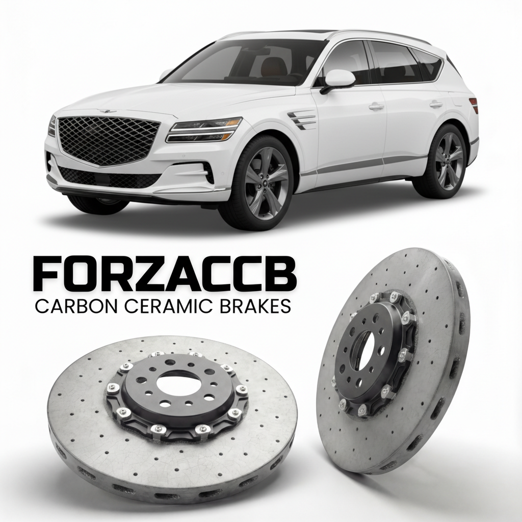 ForzaCCB direct OEM replacement carbon ceramic brake rotors for 2021 to 2026 Genesis GV80 models, shown with a white Genesis GV80 car.