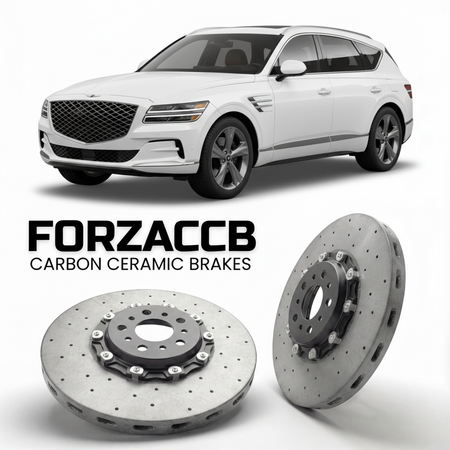 ForzaCCB direct OEM replacement carbon ceramic brake rotors for 2021 to 2026 Genesis GV80 models, shown with a white Genesis GV80 car.