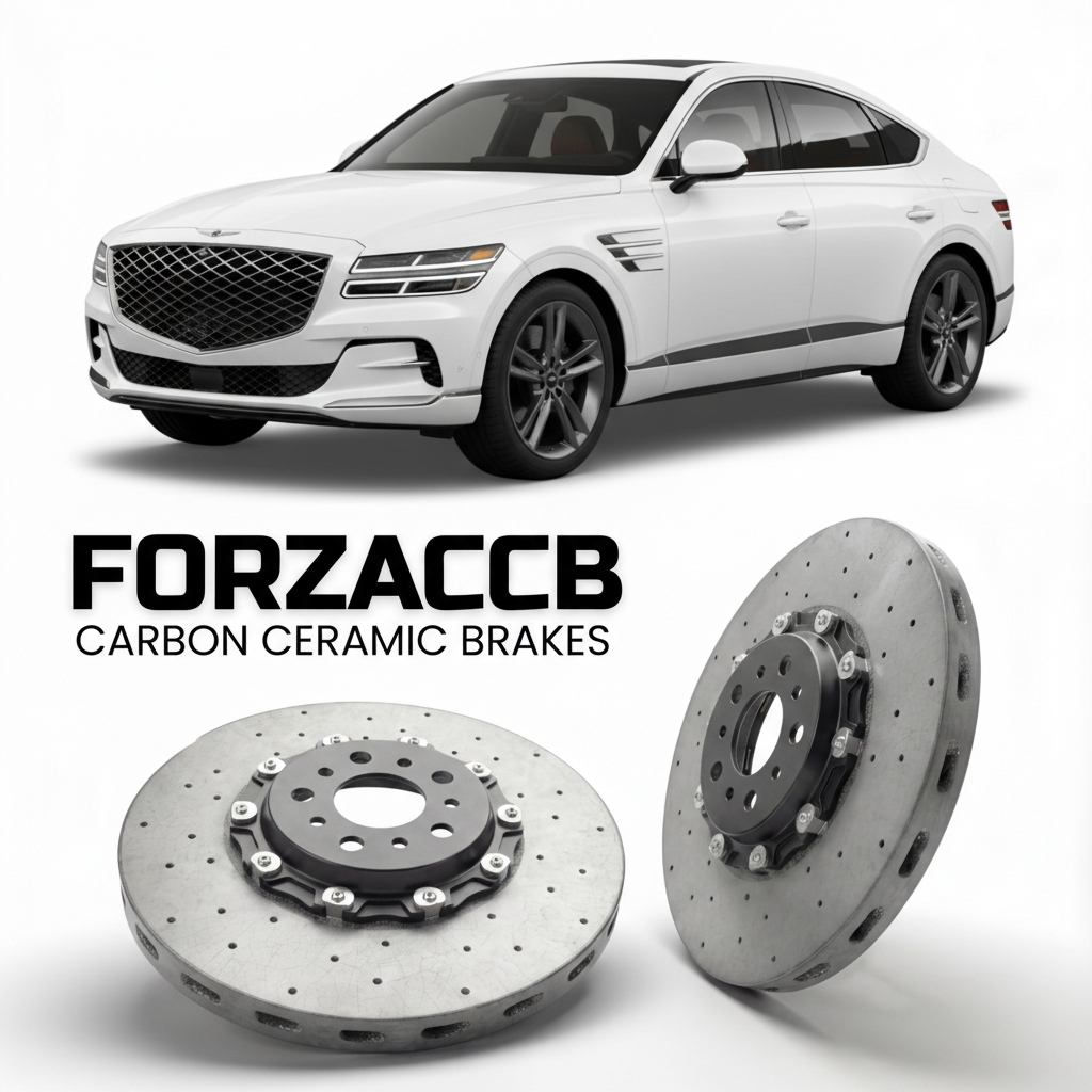 ForzaCCB direct OEM replacement carbon ceramic brake rotors for 2024 to 2026 Genesis GV80 Coupe models, shown with a white Genesis GV80 Coupe car.