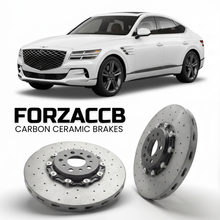 ForzaCCB direct OEM replacement carbon ceramic brake rotors for 2024 to 2026 Genesis GV80 Coupe models, shown with a white Genesis GV80 Coupe car.