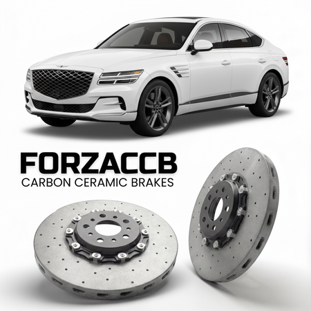 ForzaCCB direct OEM replacement carbon ceramic brake rotors for 2024 to 2026 Genesis GV80 Coupe models, shown with a white Genesis GV80 Coupe car.
