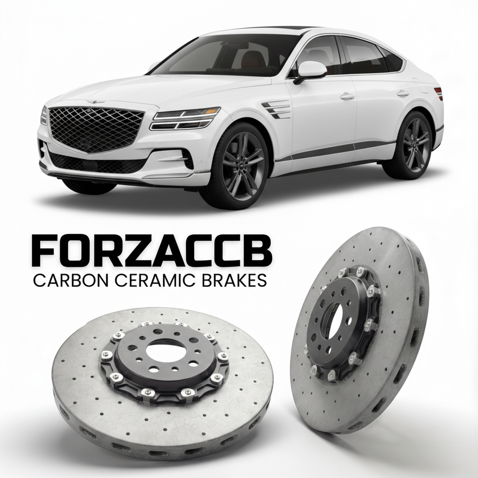 ForzaCCB direct OEM replacement carbon ceramic brake rotors for 2024 to 2026 Genesis GV80 Coupe models, shown with a white Genesis GV80 Coupe car.