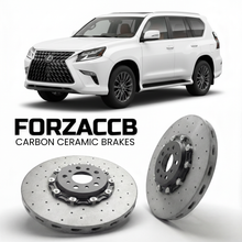 ForzaCCB direct OEM replacement carbon ceramic brake rotors for 2024 and newer Lexus GX 550 J250 models, shown with a white Lexus GX 550 car.