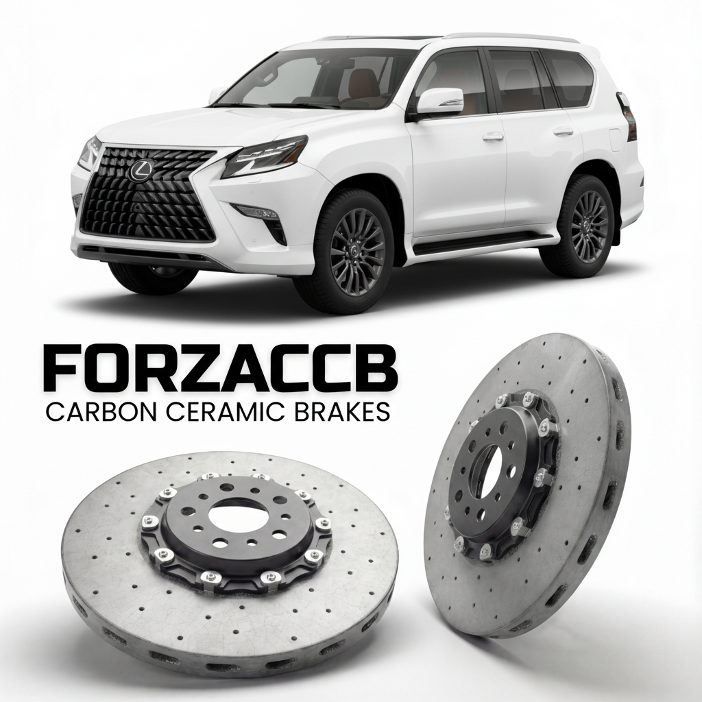 ForzaCCB direct OEM replacement carbon ceramic brake rotors for 2024 and newer Lexus GX 550 J250 models, shown with a white Lexus GX 550 car.