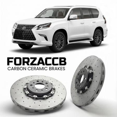 ForzaCCB direct OEM replacement carbon ceramic brake rotors for 2024 and newer Lexus GX 550 J250 models, shown with a white Lexus GX 550 car.