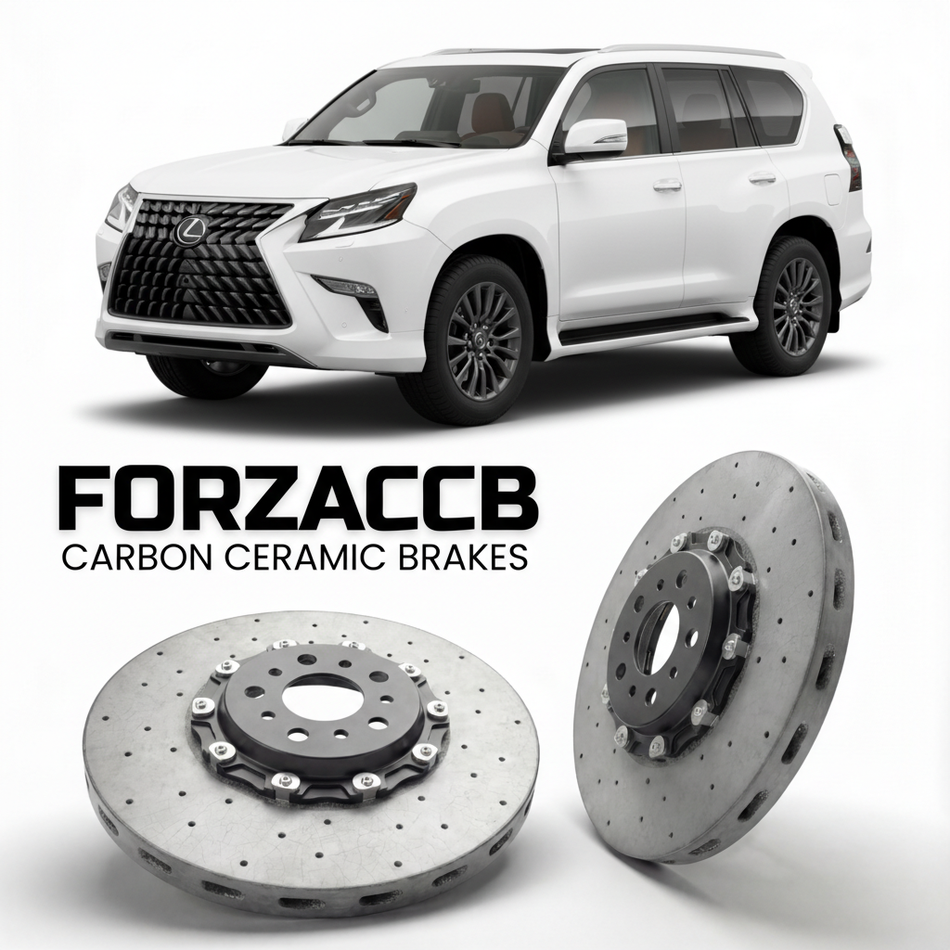 ForzaCCB direct OEM replacement carbon ceramic brake rotors for 2024 and newer Lexus GX 550 J250 models, shown with a white Lexus GX 550 car.