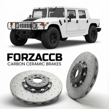 ForzaCCB direct OEM replacement carbon ceramic brake rotors for 2005 to 2006 Hummer H1 I models, shown with a white Hummer H1 car.