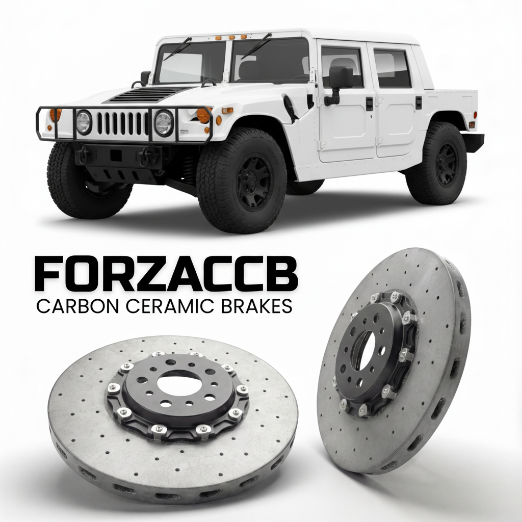 ForzaCCB direct OEM replacement carbon ceramic brake rotors for 2005 to 2006 Hummer H1 I models, shown with a white Hummer H1 car.