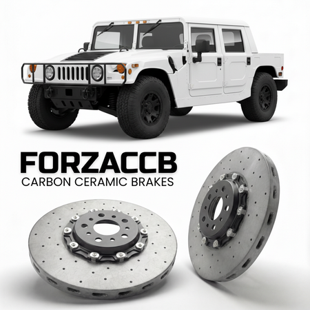 ForzaCCB direct OEM replacement carbon ceramic brake rotors for 2005 to 2006 Hummer H1 I models, shown with a white Hummer H1 car.