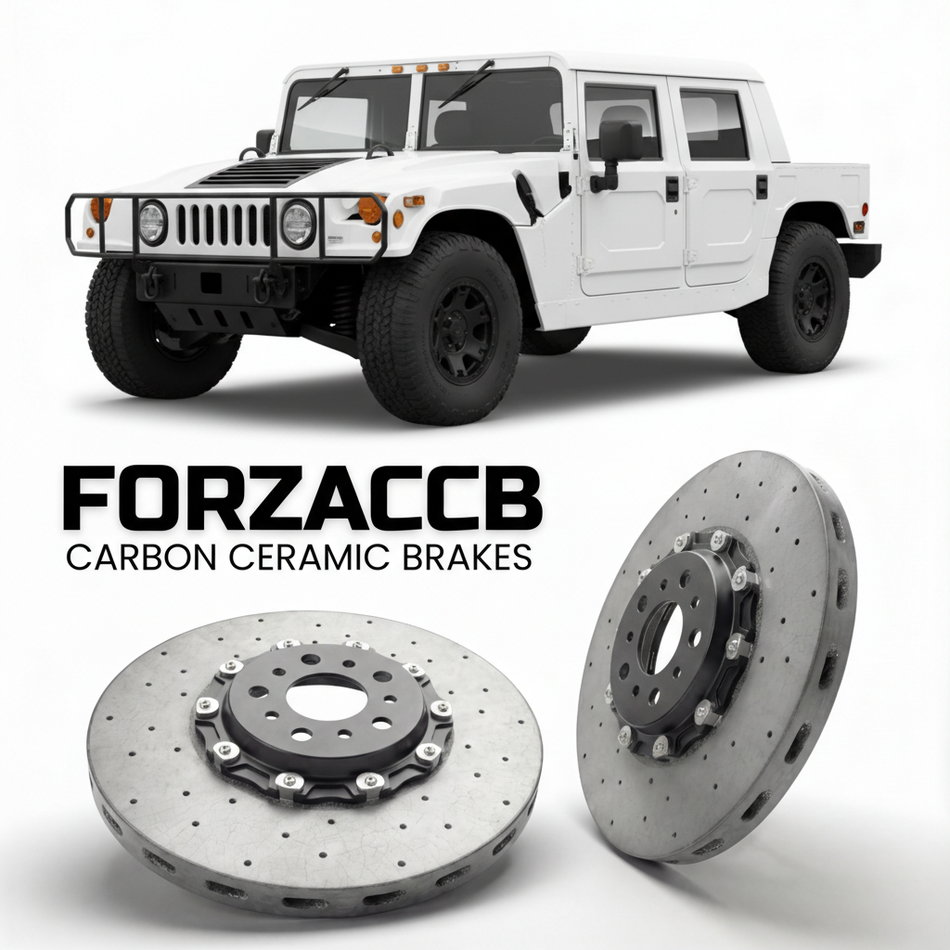 ForzaCCB direct OEM replacement carbon ceramic brake rotors for 2005 to 2006 Hummer H1 I models, shown with a white Hummer H1 car.