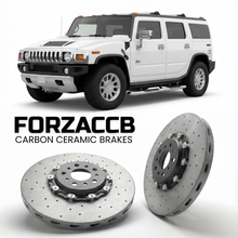 ForzaCCB direct OEM replacement carbon ceramic brake rotors for 2005 to 2009 Hummer H2 gmt 840 models, shown with a white Hummer H2 car.