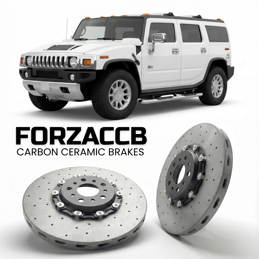 ForzaCCB direct OEM replacement carbon ceramic brake rotors for 2005 to 2009 Hummer H2 gmt 840 models, shown with a white Hummer H2 car.