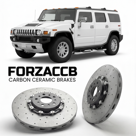 ForzaCCB direct OEM replacement carbon ceramic brake rotors for 2005 to 2009 Hummer H2 gmt 840 models, shown with a white Hummer H2 car.
